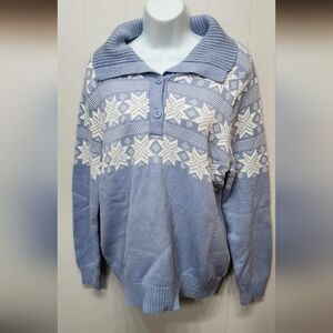 Basic Editions Sweater XXL Blue White Snowflakes Buttons Collared Women's C484Z‎